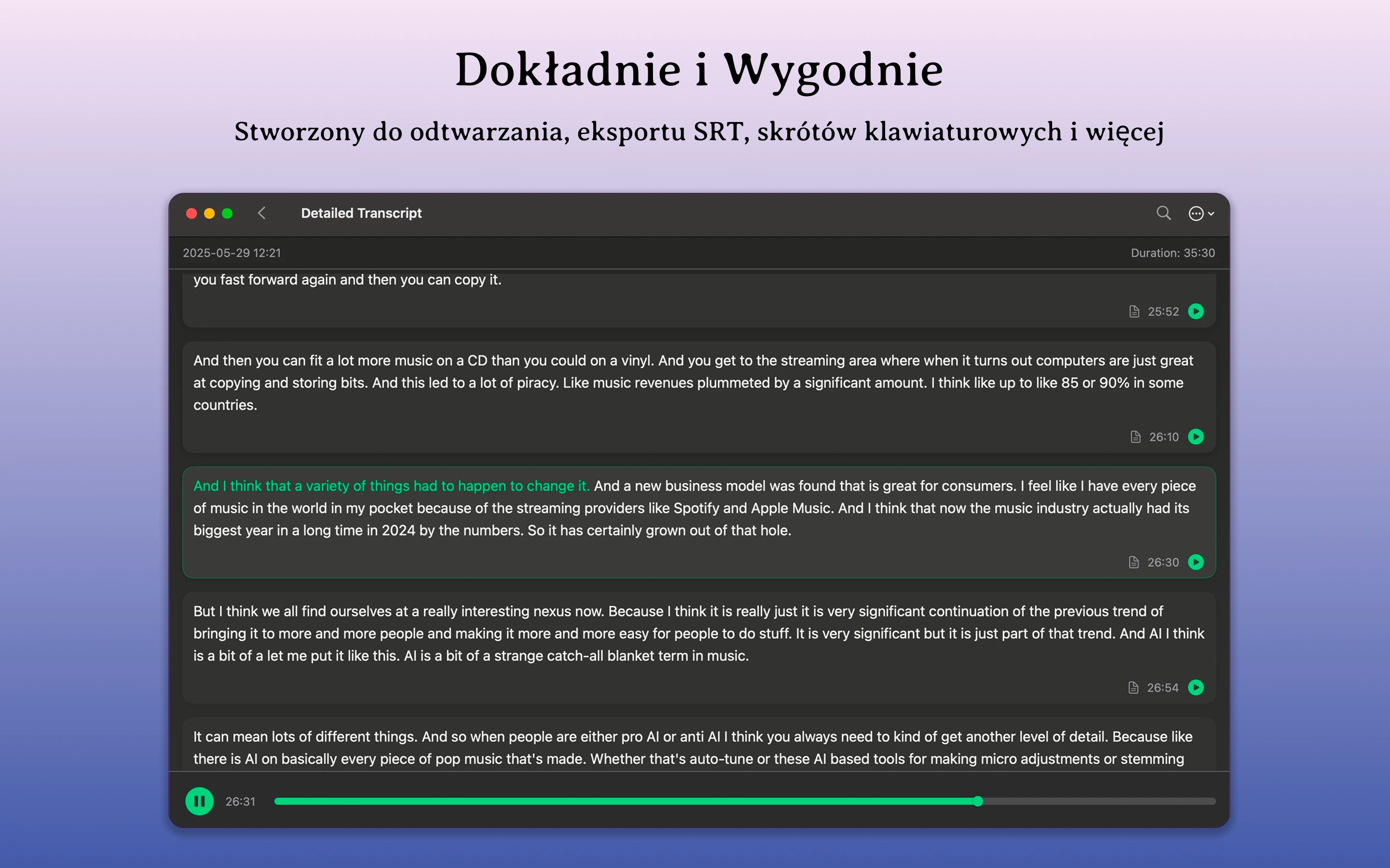 Transkrypcja z oznaczeniami czasowymi w Mac Whisper Notes