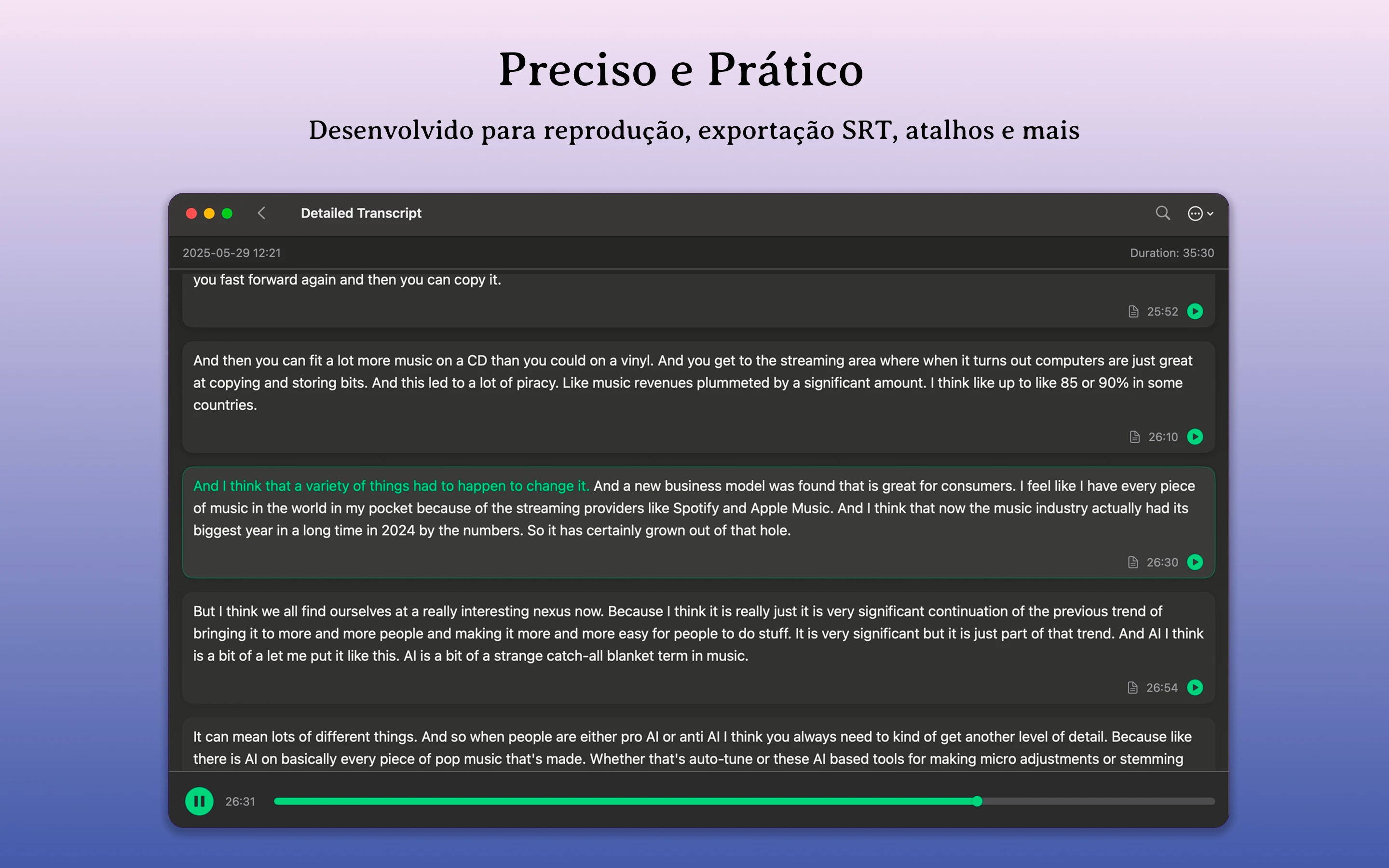 Transcrição com marcações temporais no Mac Whisper Notes