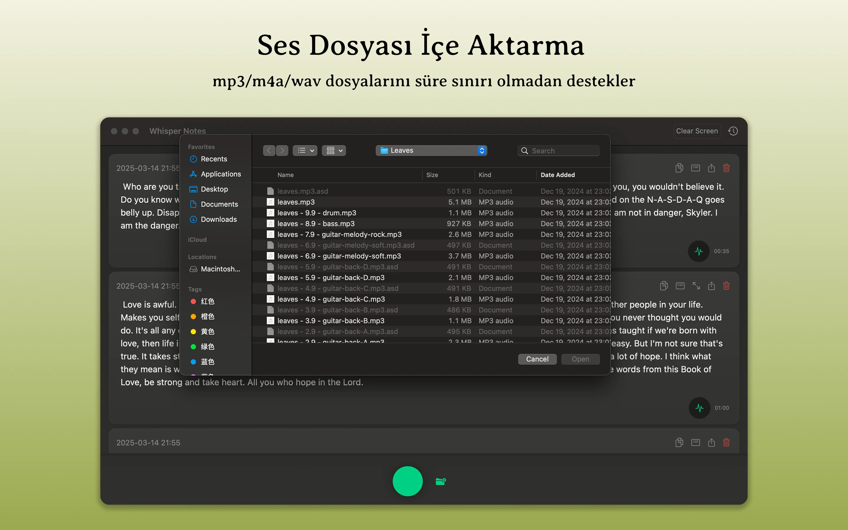 Mac Whisper Notes'ta ses dosyası içe aktarma