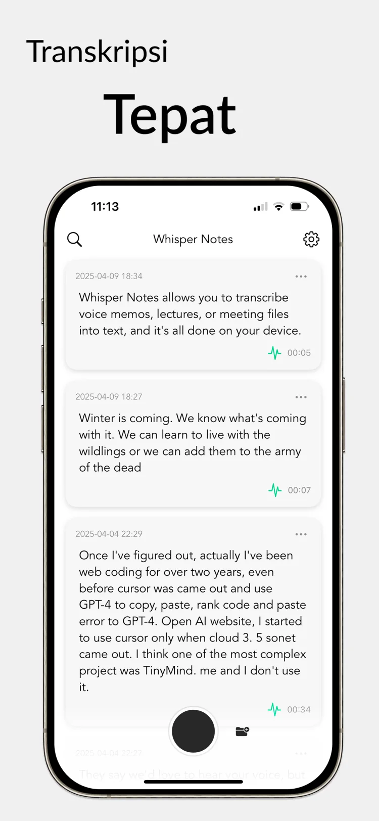Audio 35 minit dalam 18 saat - WhisperNotes app interface