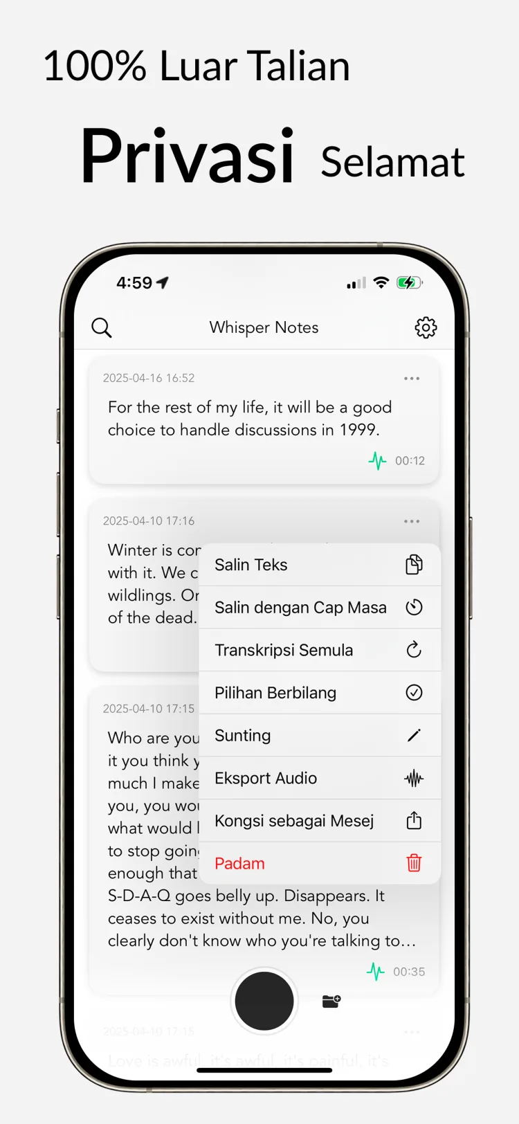 Transkripsi Luar Talian - WhisperNotes app interface