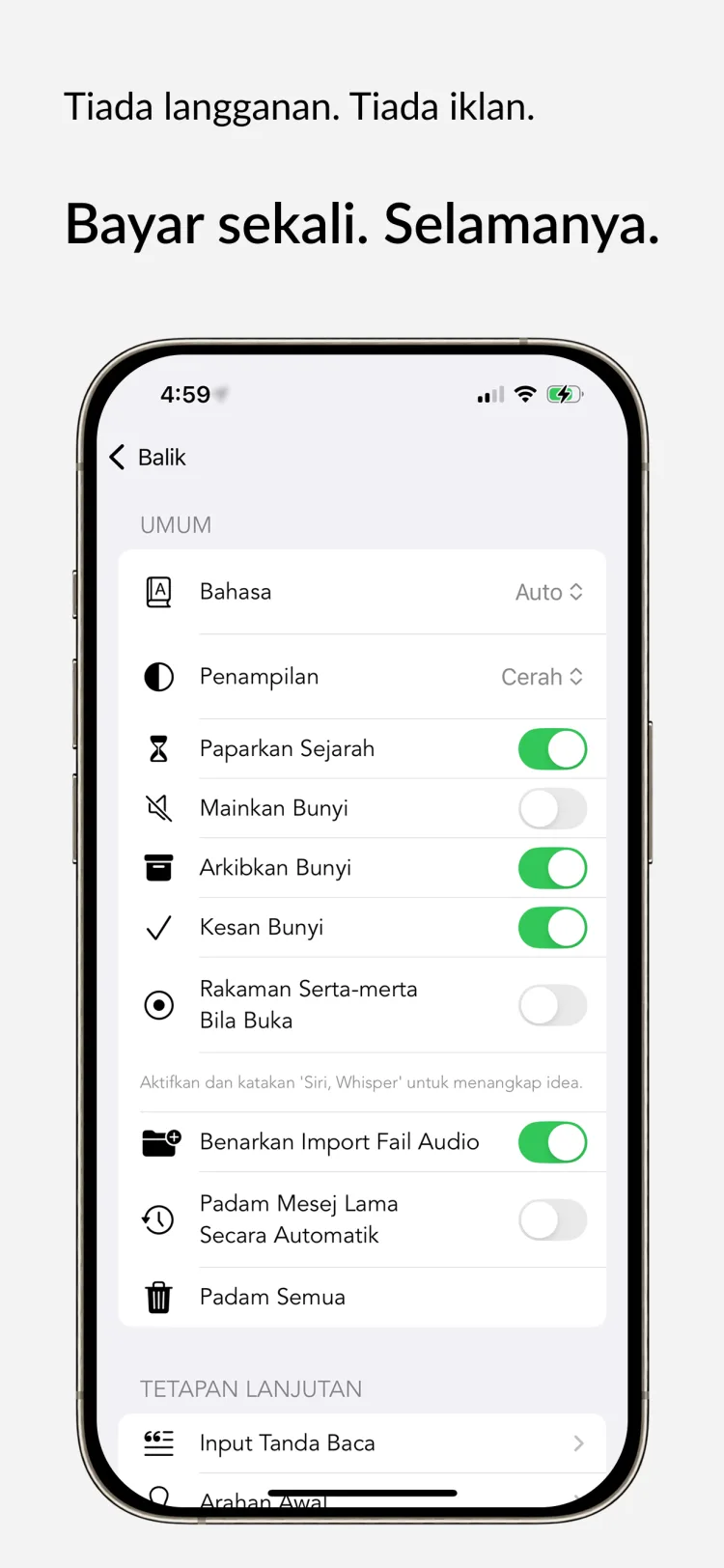 Akses Seumur Hidup - WhisperNotes app interface