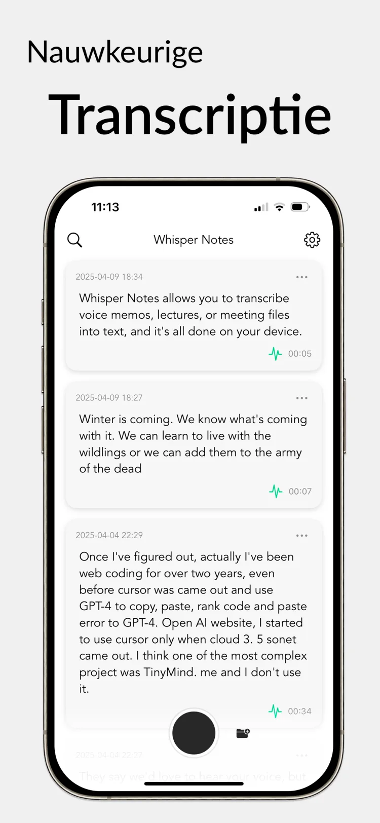 35 minuten audio in 18 seconden - WhisperNotes app interface