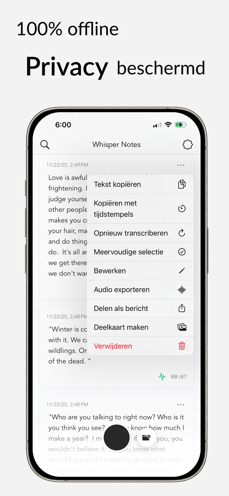 100% offline - WhisperNotes app interface