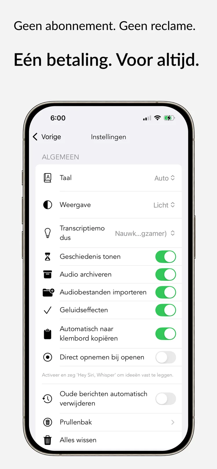 Koop eenmalig, gebruik altijd - WhisperNotes app interface
