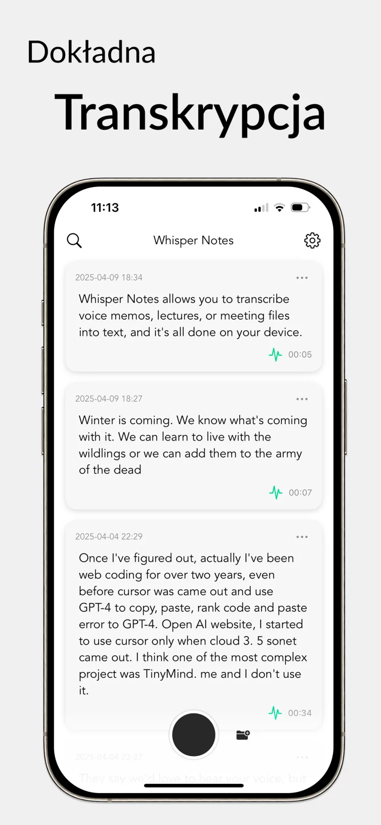 35 minut audio w 18 sekund - WhisperNotes app interface
