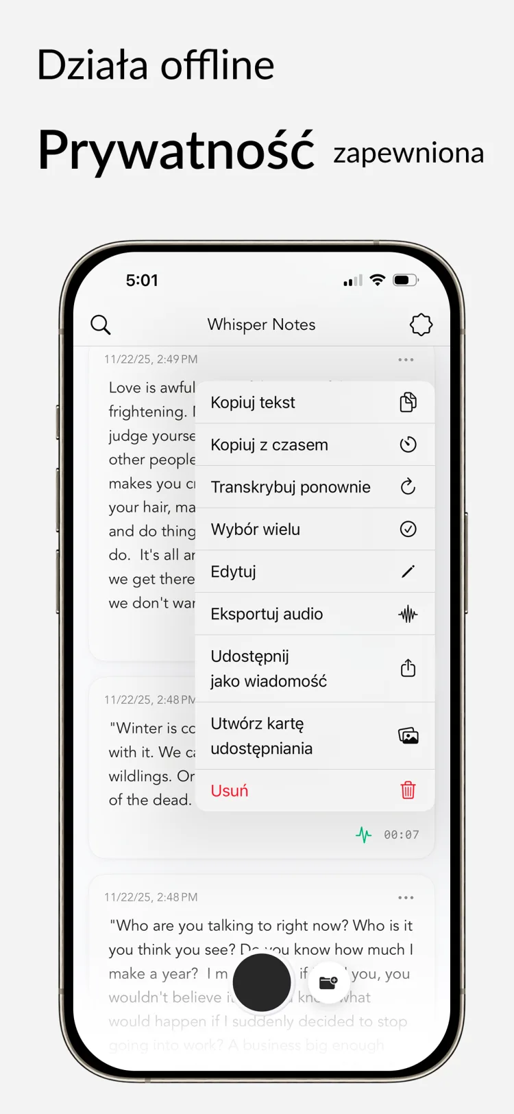 Działa offline - WhisperNotes app interface