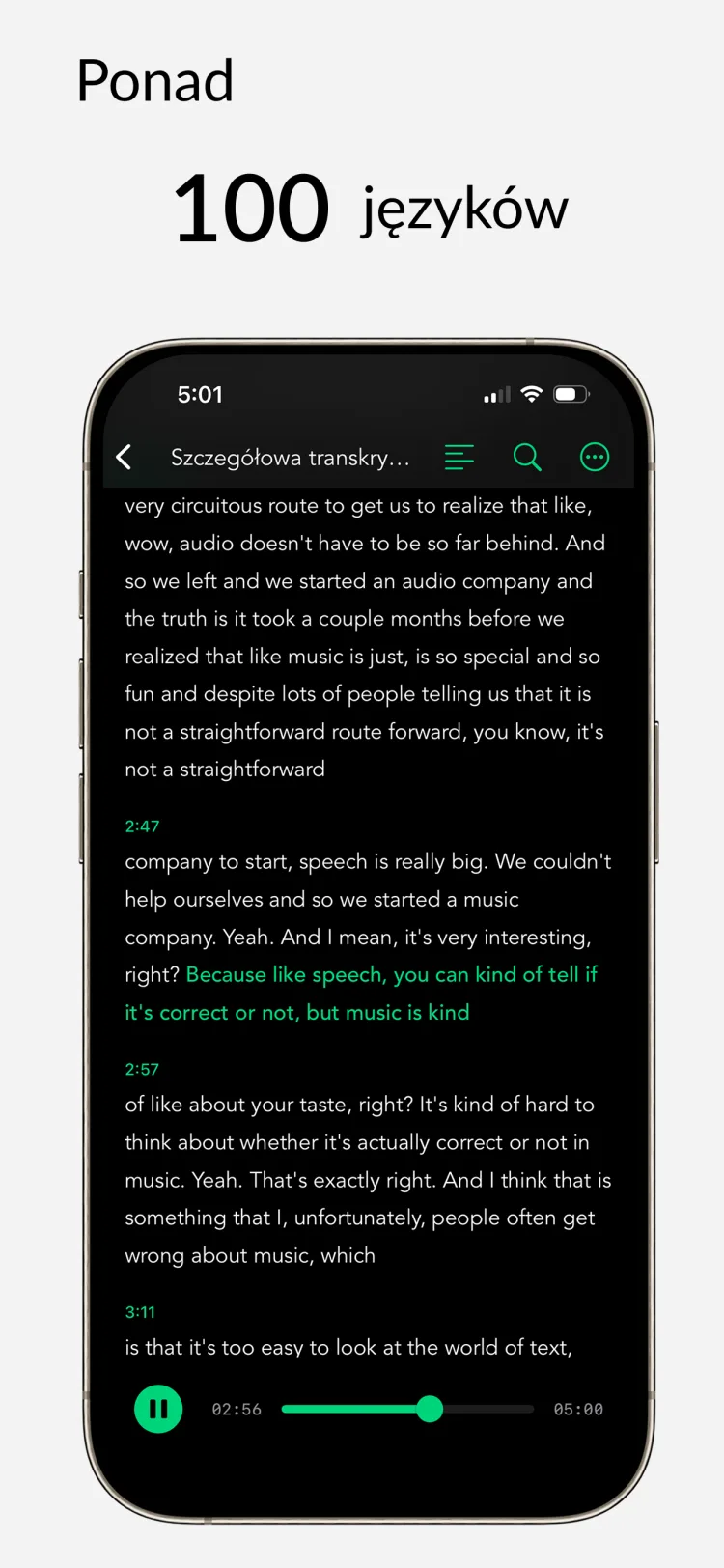 100+ języków - WhisperNotes app interface
