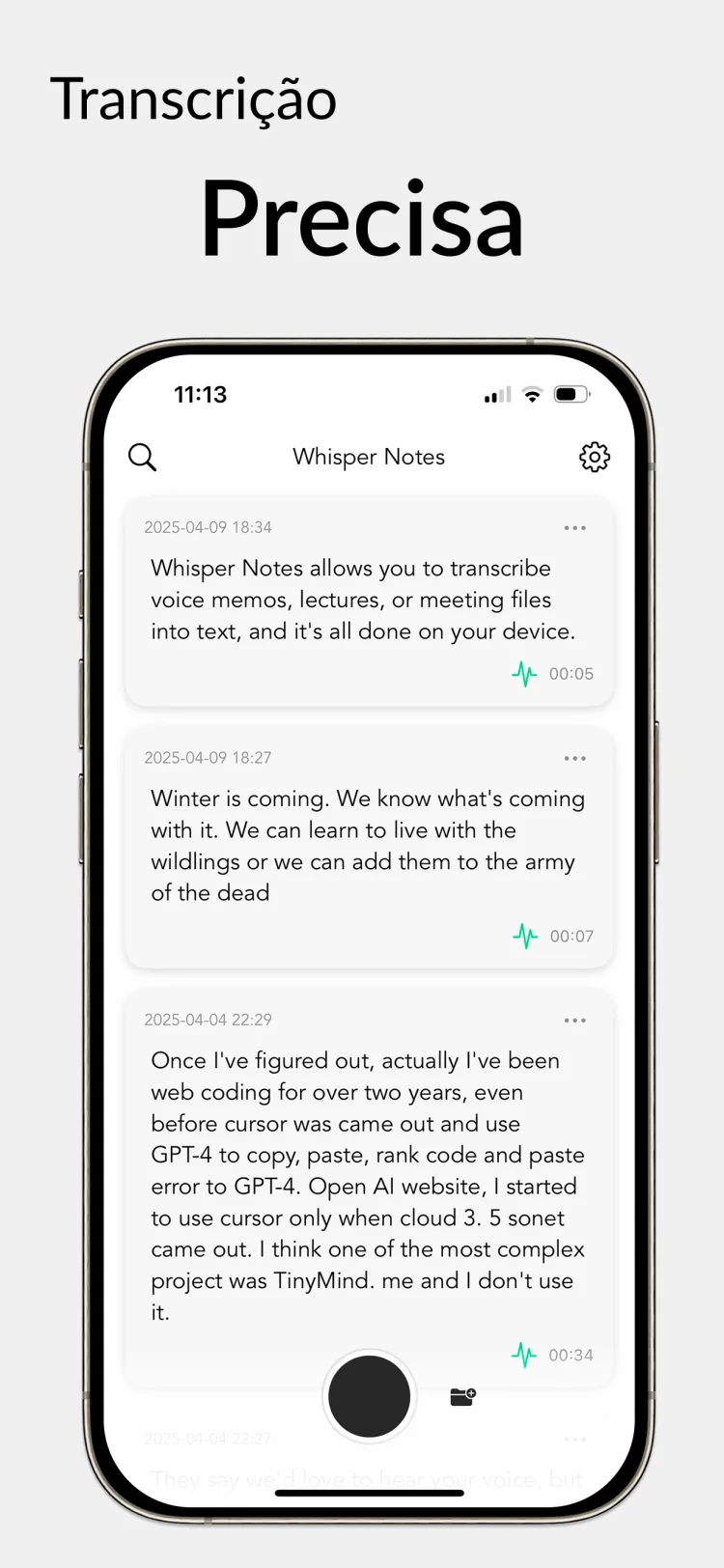 35 minutos de áudio em 18 segundos - WhisperNotes app interface