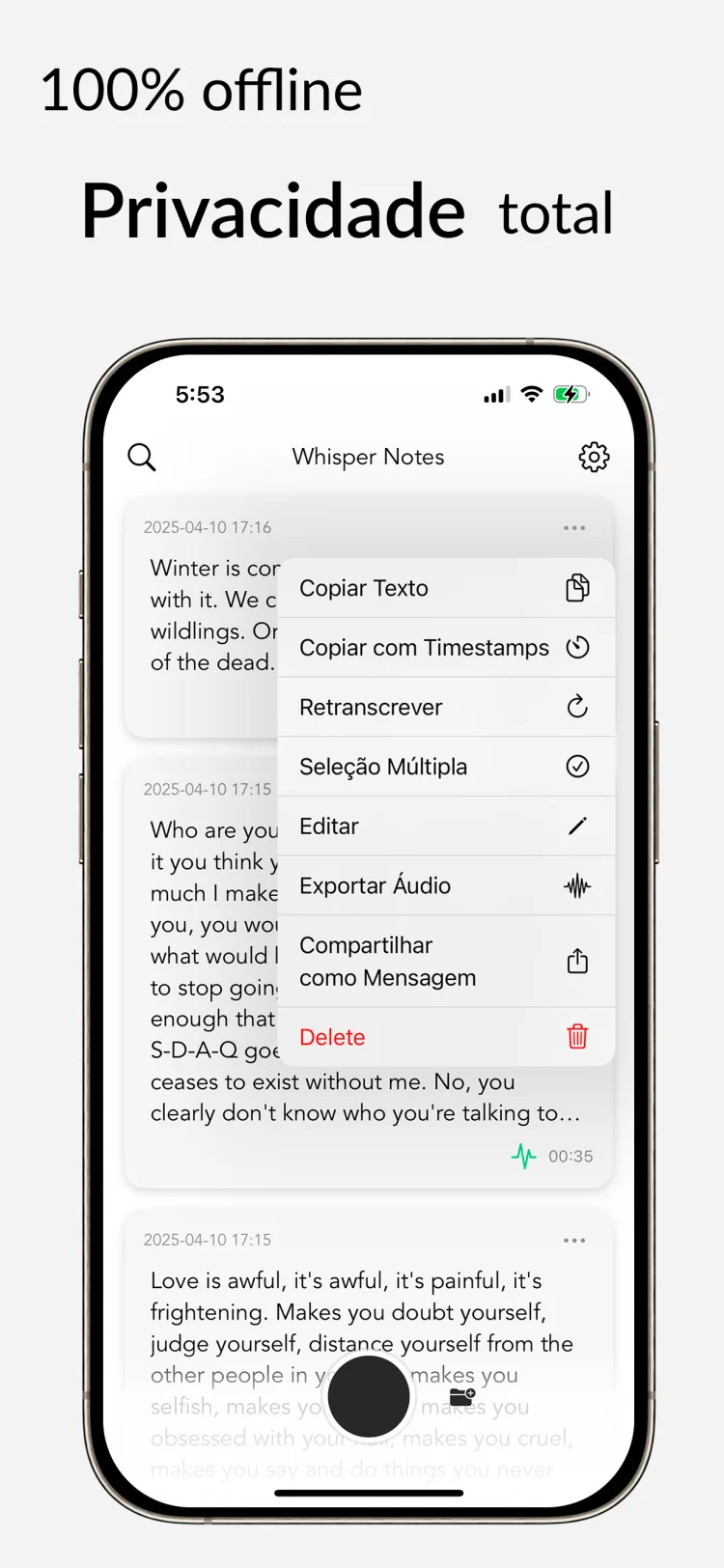 Transcrição Offline - WhisperNotes app interface