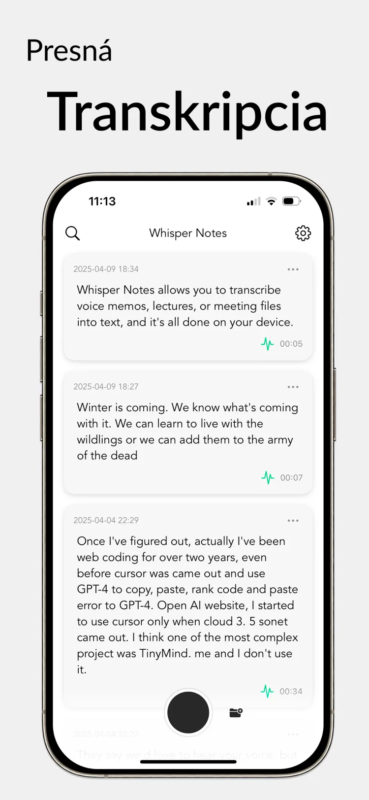 35 minút zvuku za 18 sekúnd - WhisperNotes app interface