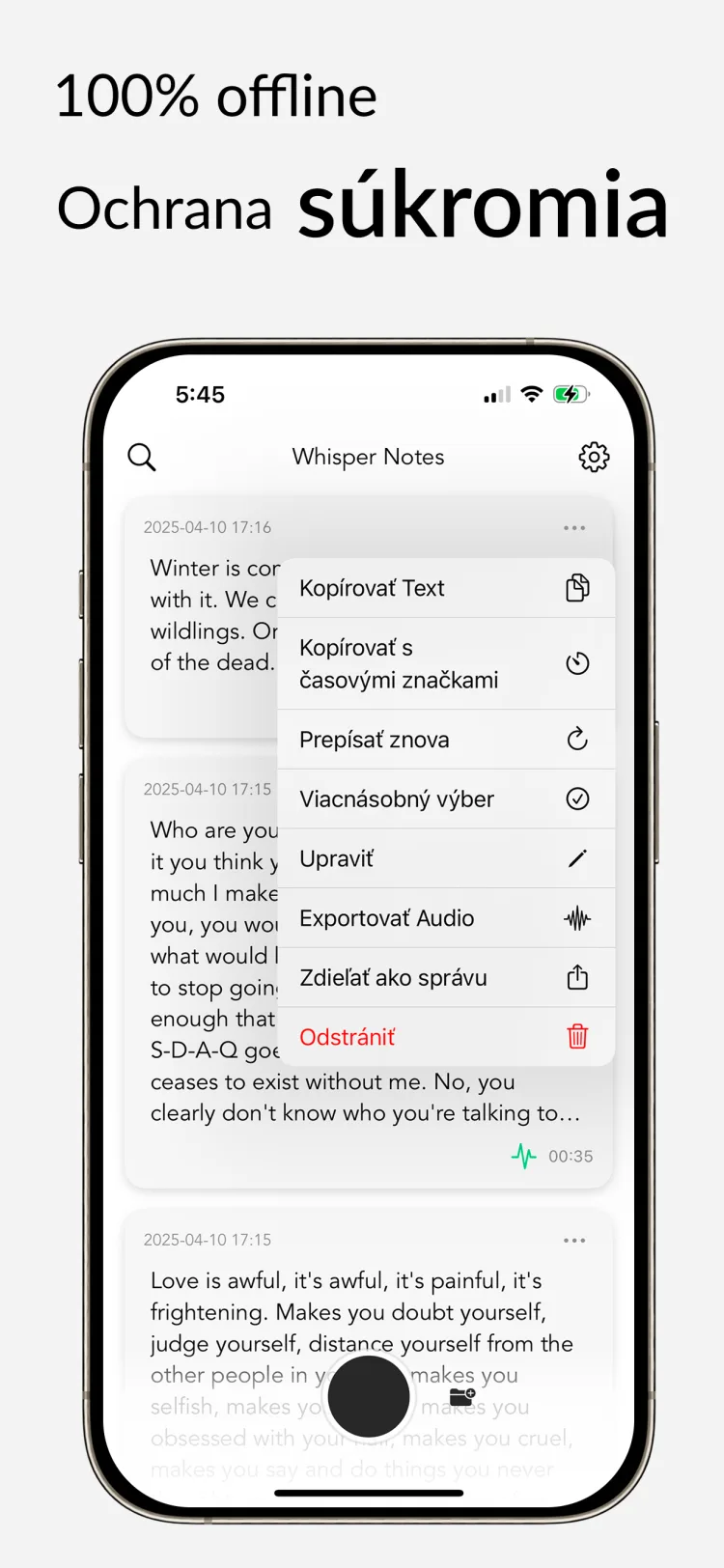 Offline prepis - WhisperNotes app interface