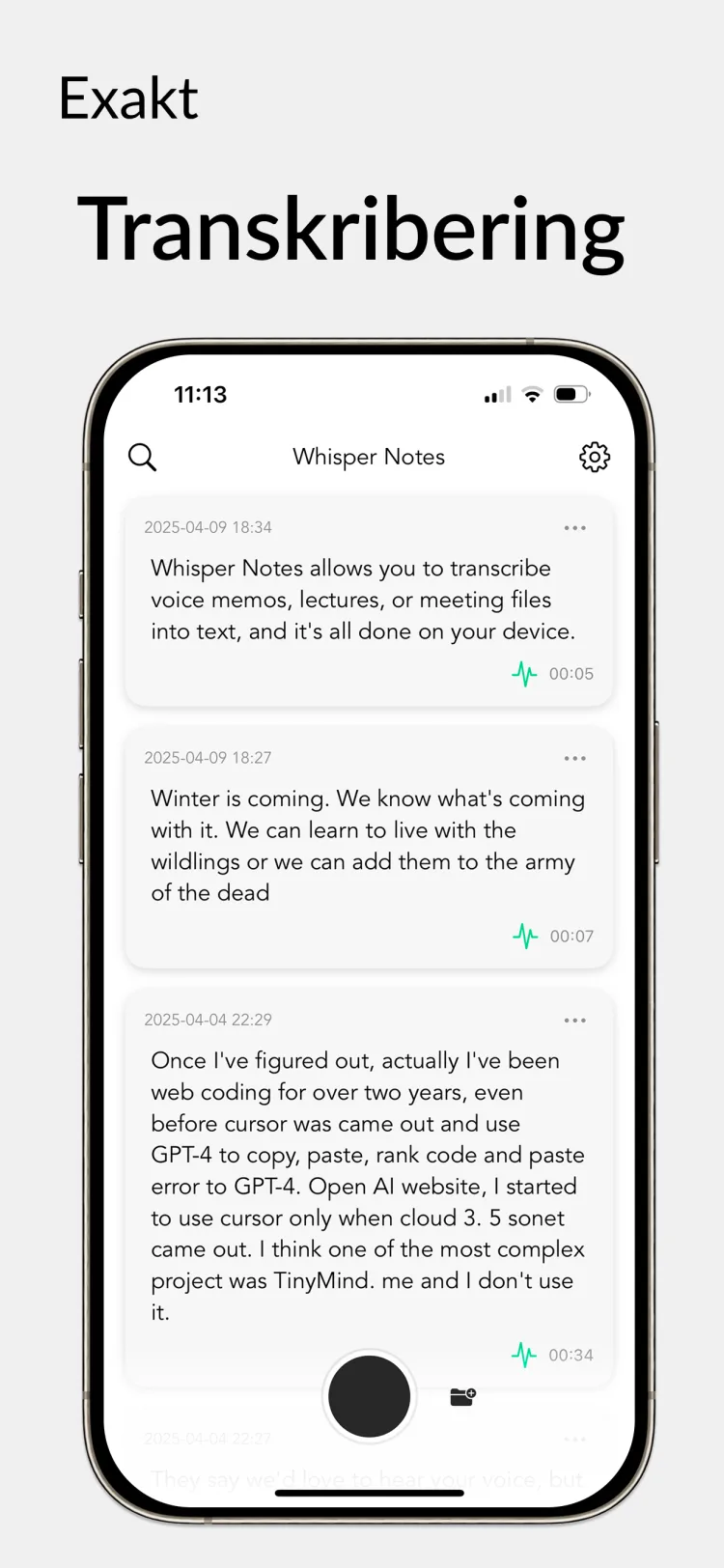 35 minuter ljud på 18 sekunder - WhisperNotes app interface