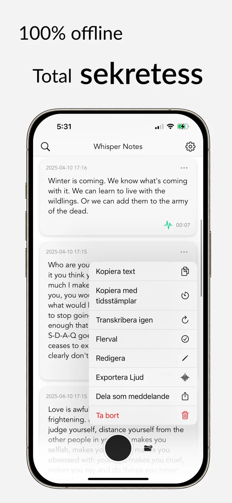 Offline-transkribering - WhisperNotes app interface