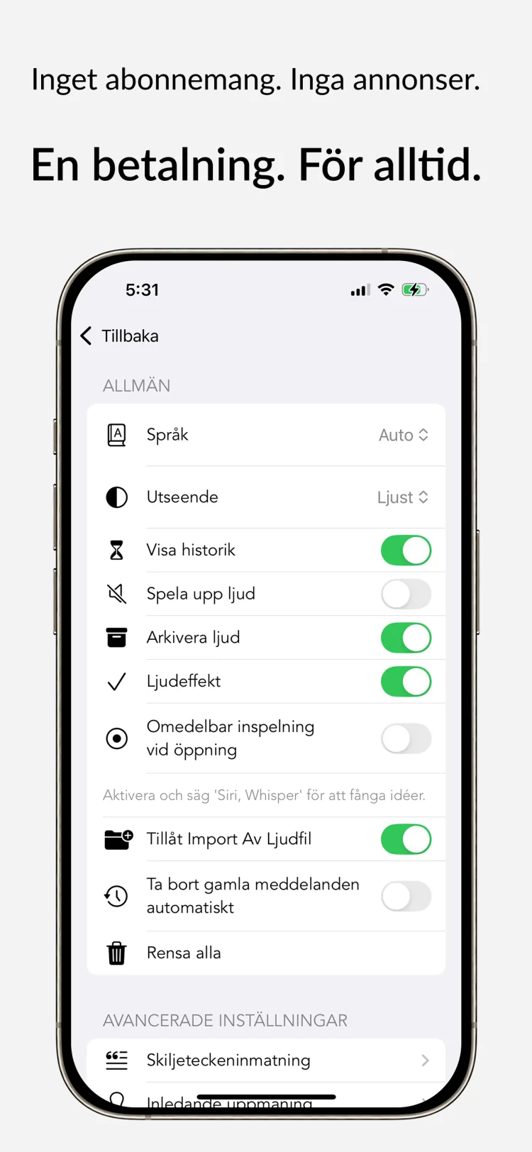 Livstidsåtkomst - WhisperNotes app interface