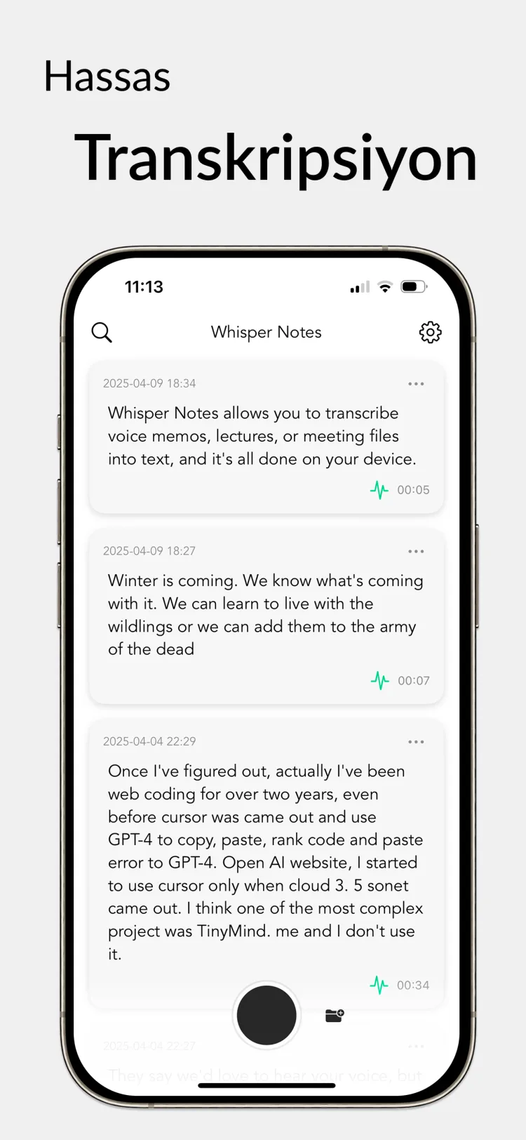 35 dakikalık ses 18 saniyede - WhisperNotes app interface