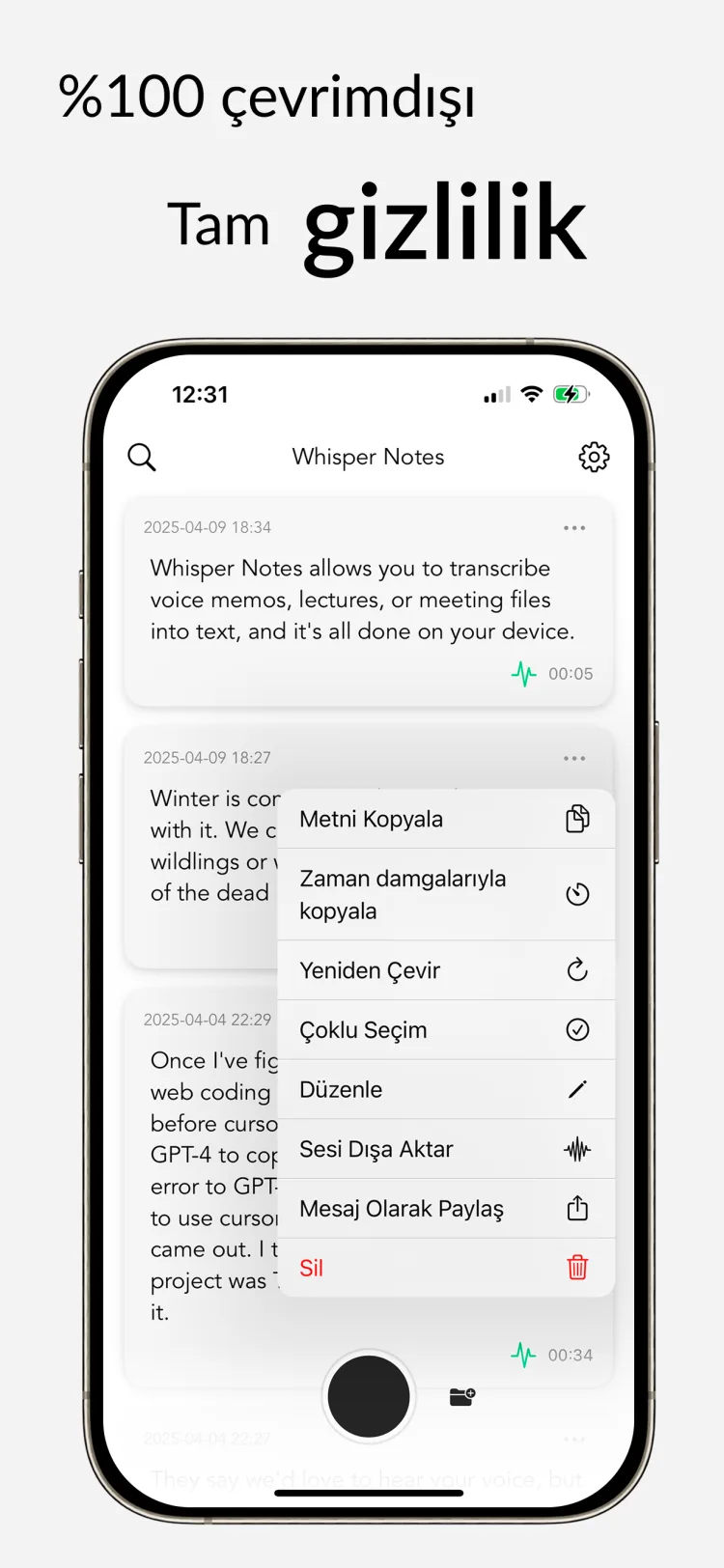 Çevrimdışı Transkripsiyon - WhisperNotes app interface