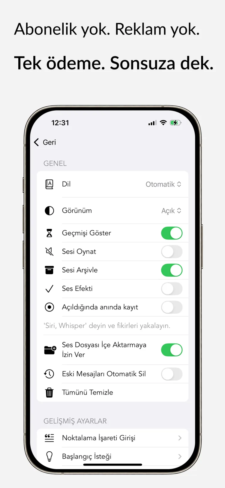 Ömür Boyu Erişim - WhisperNotes app interface