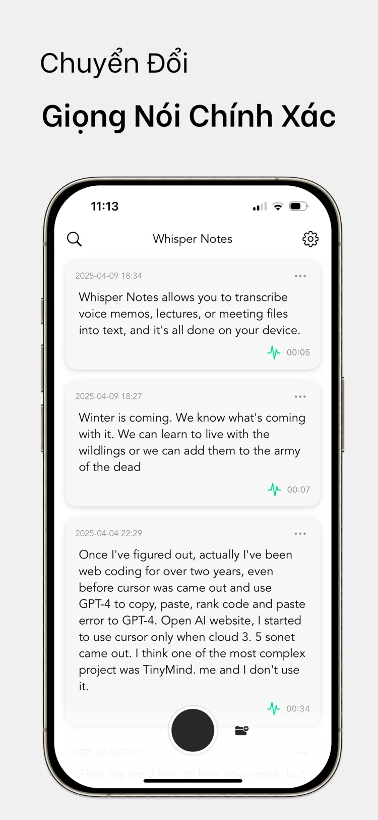 35 phút âm thanh trong 18 giây - WhisperNotes app interface