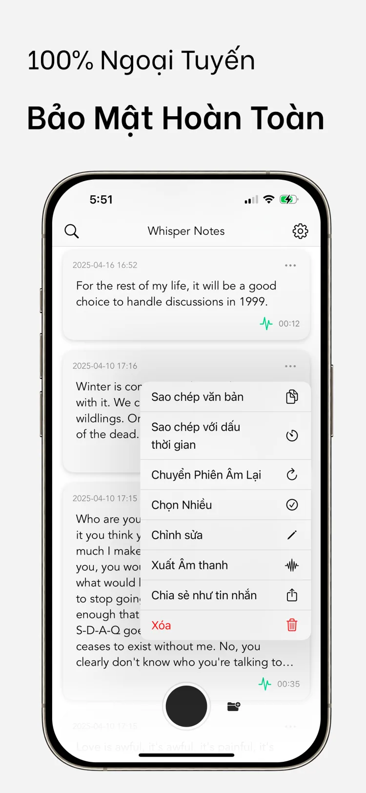 Offline hoàn toàn - WhisperNotes app interface