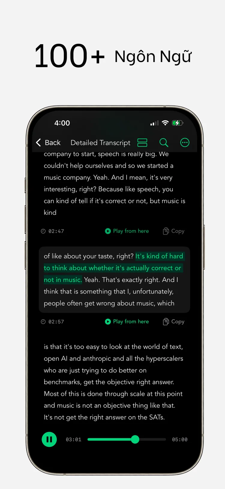 100+ ngôn ngữ - WhisperNotes app interface