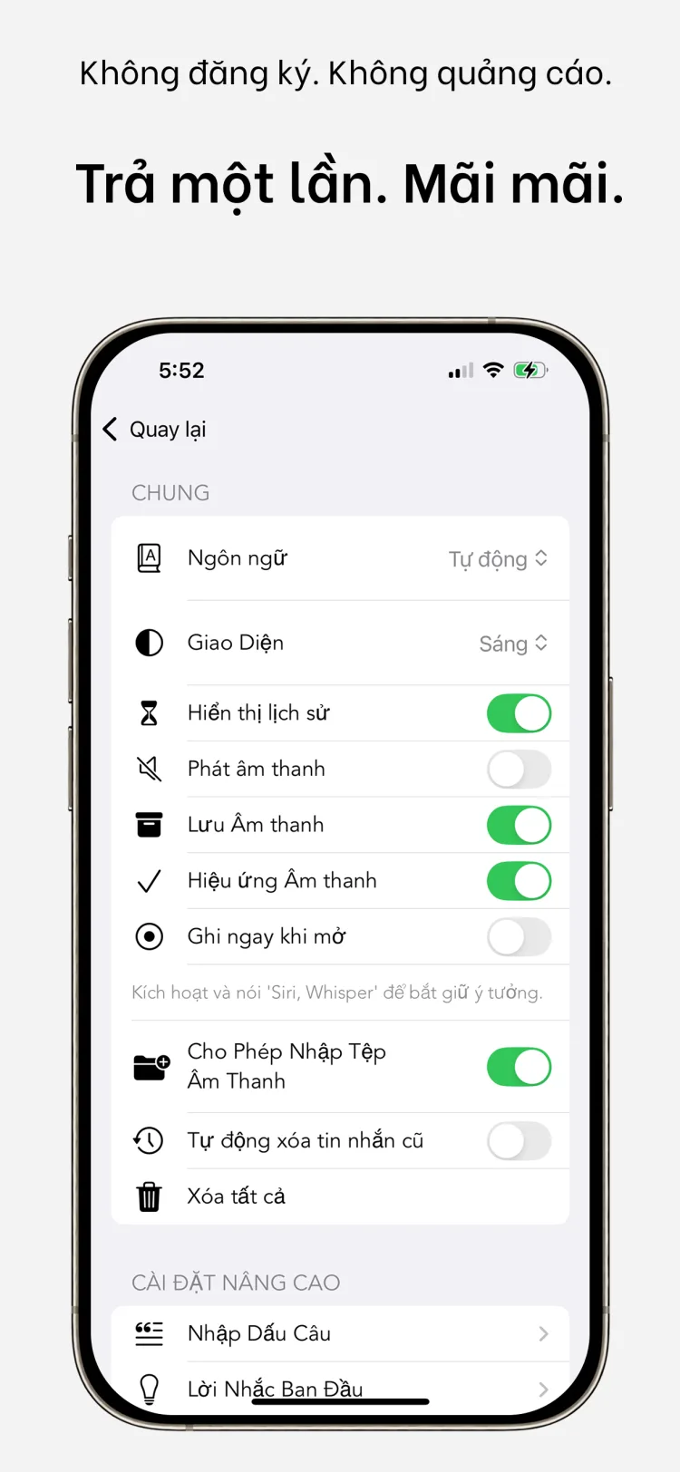 Dùng trọn đời - WhisperNotes app interface